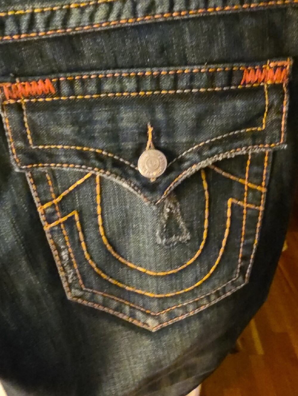 True Religion Dark Blue Denim Jean Shorts with Contrast Stitching - Picture 9 of 11